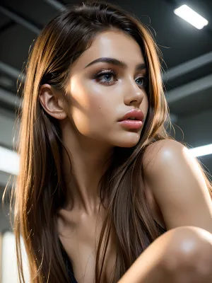 A masterpiece of high-resolution AI, with a toned figure and highly detailed face. Her eyes are expressive and symmetrical, shining like precious jewels. Her hair is long and lustrous, framing her face perfectly. The photo captures the essence