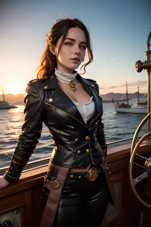 El joven piloto de la niña adulta se encuentra en la cubierta de una antigua nave, con un traje de vapor con piezas de cobre y remaches. Tiene un tubo de telescopio en la mano y está mirando la distancia. En el fondo, hay un vapor