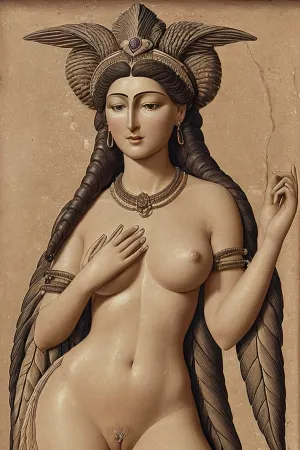 La donna raffigurata nel testo è nuda, con nudità frontale. Ha un copricapo a quattro lati di corna, che si estende dall'alto della fronte e finisce al collo. I suoi capelli sono in tre registri: due