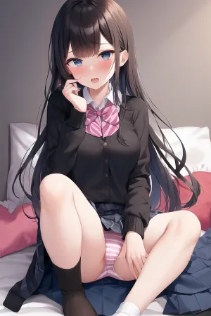 照片中的女人穿着迷你裙和袜子,但她可耻的表情表明她并不享受自己. 她的腿张开, 暴露了她的内衣 以及她手淫的事实。 她没有