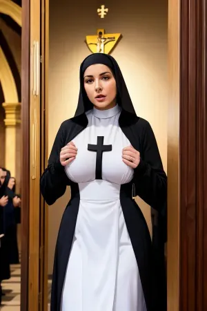 A woman in a big nun outfit walked into the confessional and began to confess her sins. She took off her nun costume and revealed her naked body, sat on the confessional, and confessed her sexual fantasies and desires. The priest listened intently