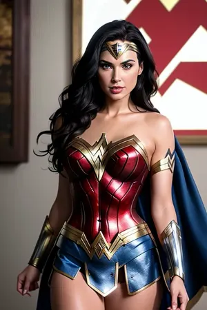 Emily, a woman with big tits and superhero wonder woman's super hair, uses AI to create a picture of herself with big tits and wonder woman's super hair