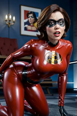 Helen Parr, a superhero known as the Incredible Hulk, was being fucked in the pussy by two women in latex body suits. The woman's cock was so big that it stretched Helen's mouth wide open. She could feel the woman