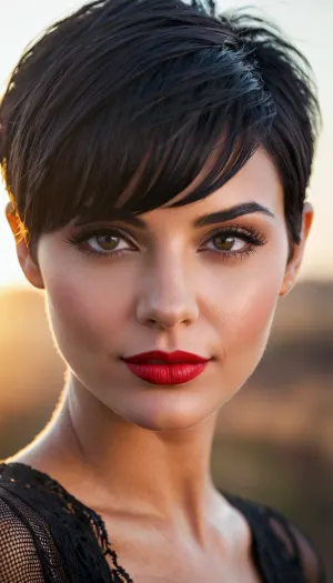 The beautiful girl with pixie cut, expressive eyes, and sly smile stood in front of the camera with a mischievous grin. She had high detail and realistic skin that looked like it was made of porcelain. Her red lips