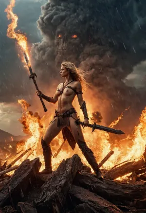 In a world where magic and technology coexist, a woman wields her sword with deadly precision as she battles against the forces of chaos. The sky is darkened by smoke and ash, while lightning strikes down from the heavens. The warriors clash in