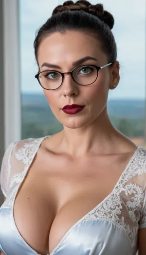 Centered portrait of an ultra detailed, Nazi Nordic woman, gran, grandma, facial wrinkles, black lipstick, Nordic Victorian headmistress, black hair 55 years old, black hair Nordic sorority, (((Nazi Nordic woman in crop body shirt, covering the chest completely))), trench covering completely the breast, all trench buttons close tight around breast, all buttons close, 55 years old Nordic woman with Victorian Edwardian shiny dark brown hair, (((hair bun))), pale skin, blue lipstick, looking into the camera, wearing large white lace satin push bra, bra is covering the chest completely, bra covering completely the breasts, heavy breast, massive bimbo tits, ginormous boobs, MM cup breasts, perfect breasts, intricate, elegant, super highly detailed, smooth, sharp focus, no blur, no dof, ultra realism, green eyes, so happy face, HDR lighting, ultra-detailed, professional photography, masterpiece, photo-realism, perfect eyes, detailed eyes, perfect vibrant eyes, realistic, award winning photography, dslr, highest quality, insanely detailed, bright eyes, Highly detailed Portrait, sharp eyes, 35 mm, 8k, sharp, highly detailed skin, photo, hyper realistic, wearing red glasses, by Megamind, wearing glasses, with glasses