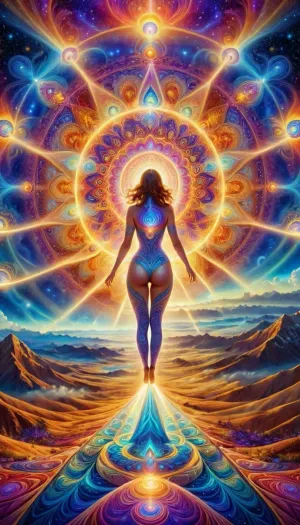 Imagine stepping into a realm where reality warps and shifts with every breath. Colors swirl and blend in an endless dance of hues, from the deepest blues to the brightest yellows, creating a kaleidoscope of sensations. Geometric patterns stretch and fold in on themselves, revealing hidden dimensions and alternate realities.

As you navigate this mesmerizing landscape, you encounter beings unlike anything you've ever seen before. They shimmer and morph, their forms fluid and ever-changing. Some communicate with you through telepathic whispers, imparting ancient wisdom and insights into the nature of existence.

The air is charged with energy, pulsating and vibrating with each step you take. Time loses all meaning as you journey deeper into the realm, exploring its mysteries and confronting your innermost fears and desires.

In this DMT realm, you are both the creator and the explorer, navigating the boundless depths of consciousness and unlocking the secrets of the universe with every moment. It is a place of infinite possibility, where the boundaries between reality and imagination blur into nothingness., kundalini, (((Super realistic, masterpiece, light rays, lightgeo, high definition, sacred geometry, surreal futurism, 4k, 8k)), super detail, details, high resolution, portrait, professional, 8K wallpaper, breathtaking full-length view, fine details, clear image, masterpiece, real high resolution photography, ((realistic, detailed)), textured, realistic, detailed, Ultra details, (masterpiece), super realistic, perfect lighting, (best shadow), 8K, UHD, (better lighting)), alex, PsyAI, Psychedelic, Visionary, art, DMT, LSD, <lora:SDXL-PsyAI-v4:.5>, <lora:trip2:.5>, psychedelicai, <lora:psychedelicai-SDXL:.5>