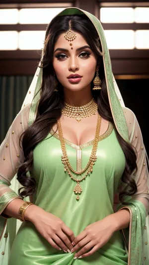 The girl with the boobs squeezed her nose piercing and took a picture of herself in her white salwar suit. She was wearing gold jewelry, gold earrings, and a gold chain. Her brown hairs were styled in a modern way, and she