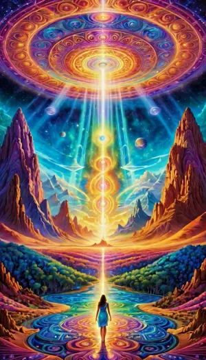 Imagine stepping into a realm where reality warps and shifts with every breath. Colors swirl and blend in an endless dance of hues, from the deepest blues to the brightest yellows, creating a kaleidoscope of sensations. Geometric patterns stretch and fold in on themselves, revealing hidden dimensions and alternate realities.

As you navigate this mesmerizing landscape, you encounter beings unlike anything you've ever seen before. They shimmer and morph, their forms fluid and ever-changing. Some communicate with you through telepathic whispers, imparting ancient wisdom and insights into the nature of existence.

The air is charged with energy, pulsating and vibrating with each step you take. Time loses all meaning as you journey deeper into the realm, exploring its mysteries and confronting your innermost fears and desires.

In this DMT realm, you are both the creator and the explorer, navigating the boundless depths of consciousness and unlocking the secrets of the universe with every moment. It is a place of infinite possibility, where the boundaries between reality and imagination blur into nothingness., (((Super realistic, masterpiece, light rays, lightgeo, high definition, sacred geometry, surreal futurism, 4k, 8k)), super detail, details, high resolution, portrait, professional, 8K wallpaper, breathtaking full-length view, fine details, clear image, masterpiece, real high resolution photography, ((realistic, detailed)), textured, realistic, detailed, Ultra details, (masterpiece), super realistic, perfect lighting, (best shadow), 8K, UHD, (better lighting)), alex, PsyAI, Psychedelic, Visionary, art, DMT, LSD, <lora:SDXL-PsyAI-v4:.5>, <lora:trip2:.5>