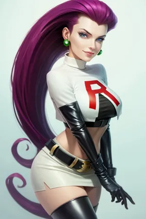 The woman with the long hair and purple hair, wearing a crop top, miniskirt, and thighhighs, had a white background with text that read "Jessie Poke," and her eyes were looking at the viewer with a smile on