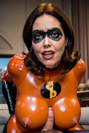 Helen Parr è scopata nella figa mentre le braccia e le gambe sono tenuti da due donne in abiti corpo in lattice. Sembra che le piaccia