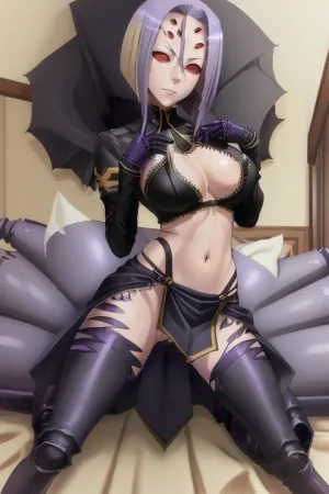 Degurechaff, an AI-powered military officer with a spider tattoo on her back, wears a purple and white striped shirt with tan pants and boots. Her hair is small but perky, and she has a red spider tattoo on her
