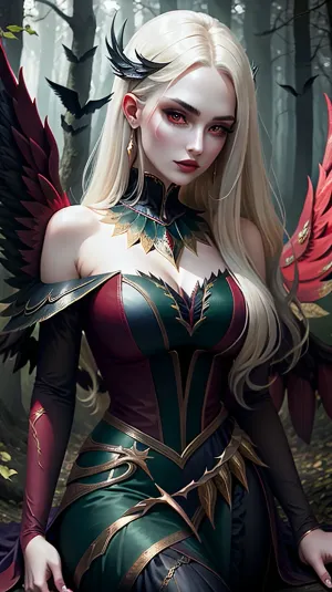 En el bosque, un aquelarre de brujas se reunía alrededor de un fuego. Uno de ellos, Morgana, llevaba un vestido rojo con alas detalladas. Sacó sus manos a las llamas y murmuró un encantamiento. De repente, sus ojos