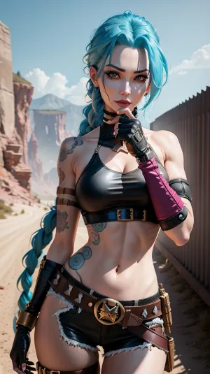 JinxLol, mature female, 1girl, solo, looking at viewer, navel, gloves, fingerless gloves, character name, midriff, bare shoulders, gun, crop top, belt, outdoors, <lora:JinxLol:.5>