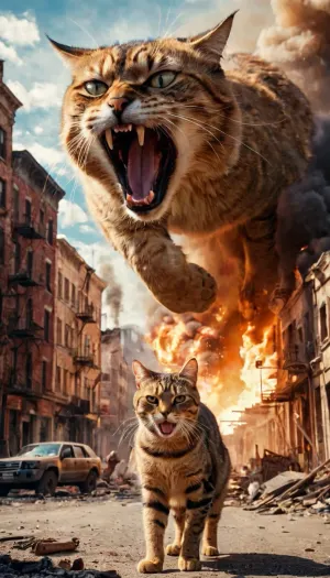 A giant hissing cat attacks the city, leaving a trail of destruction in its wake. The military vehicles race through the streets, firing their weapons at the cat. The woman out of frame stands in shock as she watches the destruction unfold before her eyes