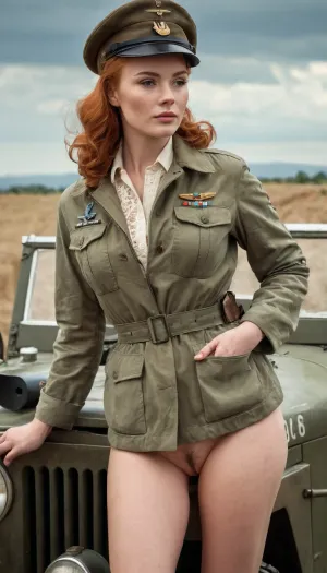 The vintage Jeep in the background was a sight to behold, with its rustic charm and perfect body. The pilot's cap was a perfect accessory for the vintage look, and the 1950s camera added an authentic feel to the photo shoot