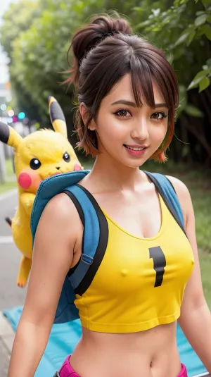 Молодая взрослая женщина надета в печатный наряд Пикачу с Poke-принтером сверху и полурифом. У нее яркие цвета на лице, и ее улыбка яркая и счастливая. Ее волосы стильные в высоком хвосте пони, и