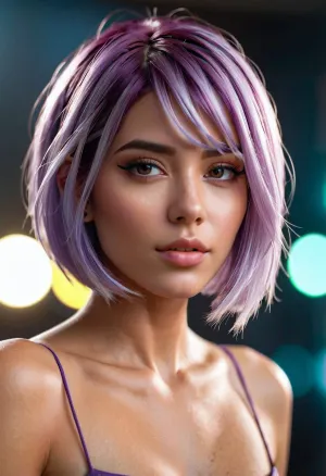 Ein Cyber-Mädchen mit einem Bob geschnitten lila Haar und ultra-realistischen Stil, trägt eine weiße Bg, erzeugt ein AI photorealistisches Bild mit feinem Glanz. Das Konzept Kunst ist sehr detailliert und scharf. Der Text blendet blind