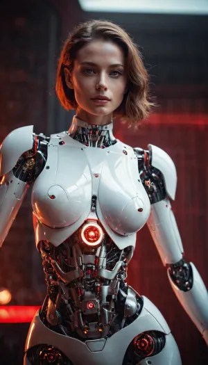 一个有着发光的红眼睛和感性舞蹈的女机器人向音乐的节拍移动,身着短红色的裙子,几乎无法遮盖胸部. 她的长发在她身后移动 她的脸被揭示为像人类