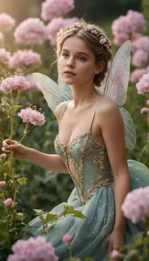 小さな妖精は、大きな管状花に覆われ、その羽は優しく、優しく風にふわふわいます。 柔らかい天使の顔と繊細な羽の細部を捉えたカメラが、魔法の瞬間でした。 背景は緑がかった