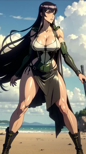 A mulher era um verdadeiro guerreiro, seu corpo afiado por anos de treinamento e combate. Ela usava um top preto de ajuste apertado que mostrou de seu físico tonificado, cabelo longo e fluindo cascata para baixo de suas costas. Seu tom voluptuoso ainda
