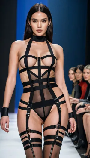 Le voyage d'une femme vers la découverte de soi est éclairé par la fusion de l'esthétique futuriste avec des influences nomades. Son costume de corps allie parfaitement fonctionnalité et style, tandis que ses harnais et sangles mettent en valeur sa silhouette audacieuse. Ses vêtements sont fabriqués à partir de