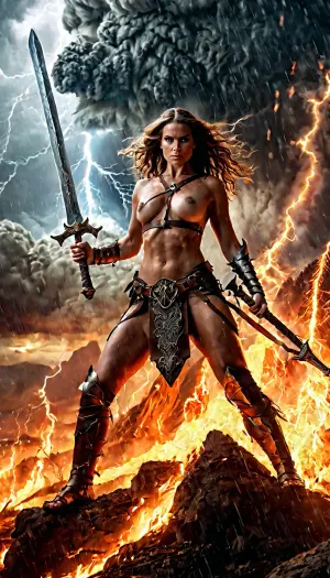 woman, topless, swords, fire, storm, ashes, battle, lightning, rain, clouds, spears, axes, chaos, smoke, explosions, tornados, volcano eruptions, dragons, skeletons, orcs, wizards, warriors, Bigfoot, giant apes