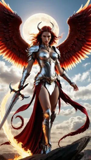 O anjo e o demônio lutaram ferozmente no céu, suas armas chocando uns com os outros. A mulher, um guerreiro habilidoso com sua armadura e espada, estava determinada a derrotar o duo. Ela usou o chicote para escravizar as asas do demónio,
