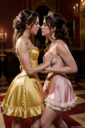 Two beautiful princesses, Princess Yuri and Princess Yuki, locked eyes with each other in the middle of a crowded ballroom. They were both wearing their signature tiaras and were surrounded by a crowd of other women who had found each other through
