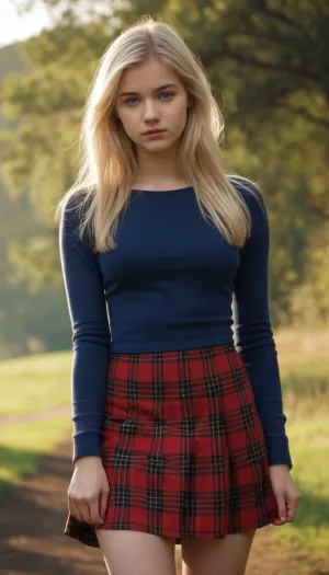Une mince fille de 18 ans aux cheveux blonds soulève sa jupe plate pour montrer sa chatte, visage réaliste. Texte: Elle sort un petit vibromasseur et commence à le frotter contre son clitoris alors qu'elle se baise plus vite, se sentant