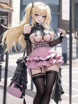 AI制作了一部杰作,一个大胸金发女人穿着粉红色的服装和edgPastelGoth,兴奋地微笑着