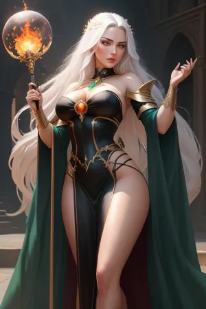 La sorcière se tenait debout au-dessus de ses ennemis vaincus, sa robe révélant un côté de sa poitrine et un décolleté profond qui exposait un côté de sa poitrine. Ses ongles étaient peints en vert, et elle tenait un cristal dans une main