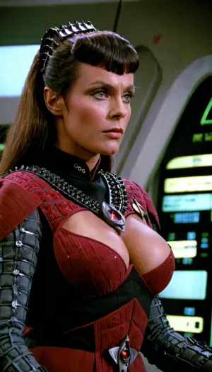 Une femme au début de la vingtaine, portant une armure rouge d'un uniforme Starfleet, était sur le panneau de contrôle de l'Enterprise. Elle utilisait les photos pornographiques TNG du Borg comme arrière-plan pendant qu'elle regardait un alambic du Klingon Romula
