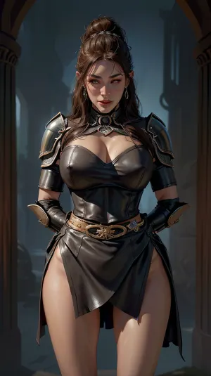 A stunning painting of a muscular woman in heavy metal armor with high-resolution water droplets on her face and hands, wearing tight leather armor and chainmail vest over her tight abs and toned muscles. Her hair is tied back in a bun, revealing