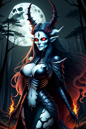 在黑暗的森林里,一个眼睛和角发光的女人站在一个高大的木雕像前. 她伸出手触摸其额头上的头骨,随着她的手,雕像复活. 这生物的角头