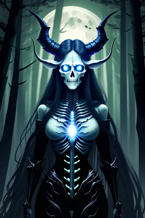 在黑暗的森林里,一个眼睛和角发光的女人站得很高. 她的头骨在夜空中发光 让她看起来更别致 当她穿过森林时 她的美丽是无法远离的