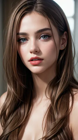 A stunning 19-year-old woman with a stunning 8K photo on her profile page, long red lips, full-length hair, slim figure and a medium-length hairstyle