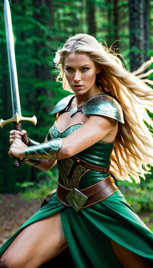 Freya, the viking warrior, wields her sword with precision and grace, fighting off enemies with ease. Her armored dress flows over her curves in a way that makes even the most seasoned warriors jealous