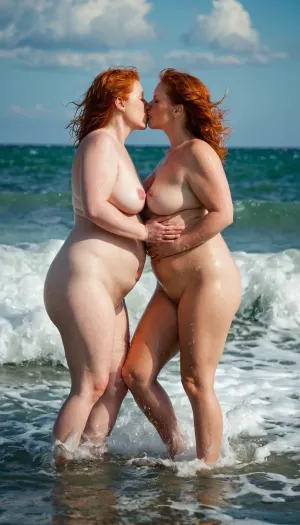 Two naked red-haired middle-aged chubby women frolicked in the sea, admiring each other's bodies and giggling as they explored their surroundings. They hugged and kissed, feeling alive and free in the waves of nature's