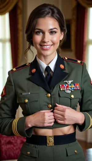A 20-year-old woman in the army dress uniform flashed her topless picture to the camera, showing off her perfect boobs. She had a happy smile on her face and was sexy with a perfect boob display