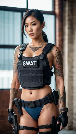 A topless swat officer with tattoos on her arm and a sexy outfit was ready to serve the community as a 25-year-old Asian woman