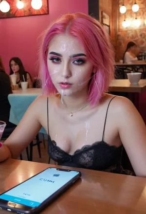 Une fille ennuyeuse et mince de 18 ans avec des cheveux courts et un corps mince est assis à une table, défilant à travers des photos de vidéos de bukkake sur son téléphone. Elle semble s'ennuyer en regardant son écran de téléphone, en défilant des images