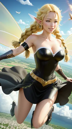 멋진 photorealistic 4k AI는 쌍둥이 braids와 금 벨트를 가진 하늘에 있는 여자의 사진을 생성했습니다, 높은 해상도를 착용하고, 과도한 세부사항 까만 복장을 가진 하이퍼 상세한 까만 벨트, 파란 눈, 구름 사이 및 bokeh 효력