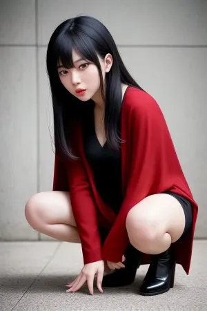 A woman in a tight dress and long sleeves stood in front of a vampire, her mouth open as she offered him her neck. The vampire's red cape billowed behind him as he approached, his black tights hugging his muscular legs