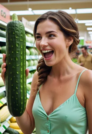 A woman, in full view, in public, in the center of the store's trading floor, huge cucumber penetration, cute tall face, hairstyle, laughing