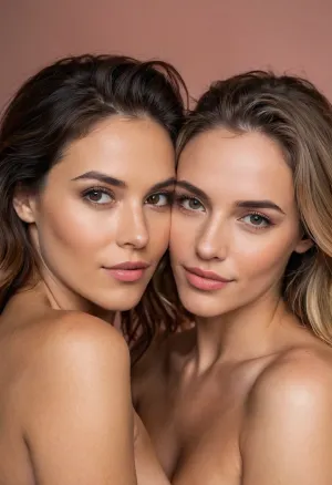 woman, ((lesbian couple:1.3)), 25yo natural looking candid amateur Polaroid photo, full body shot, high-res, very detailed, HDR, fit women in dark basement, (detailed face and eyes), fit body, perfect face and eyes, (healthy, happy, flirty), camera flash, ((naked)), pubic hair, (Mouth open), (((peach fuzz))), blemishes, next door look, ((beautiful face)), two women with different hair color and hairstyle, looking at viewer