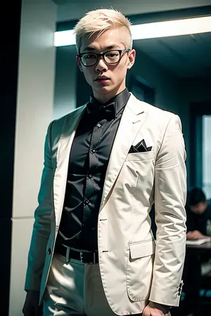 Choi Beomguy, un hombre albino musculoso con una apariencia pequeña y joven, llevaba un traje formal de apertura. Estaba mirando la foto de su difunto padre en su teléfono mientras estaba sentado en el jardín