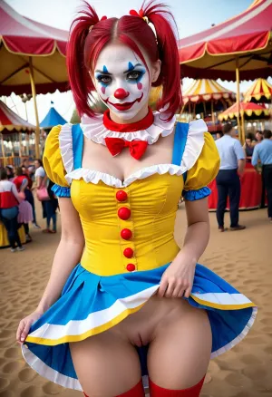 Une jeune, belle fille dans un visage blanc peinture et costume de clown était debout devant une grande foule, contorsant son visage dans une expression de pure extase quand elle a atteint plaisir orgasmique. La caméra a zoomé sur son visage comme