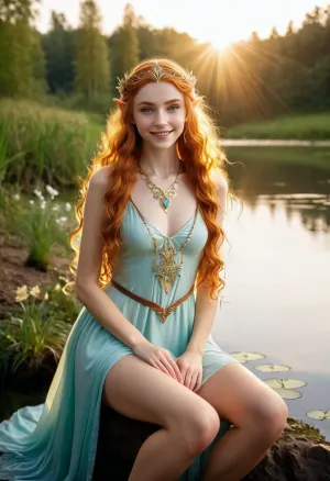La joven y hermosa chica elfo creó una imagen de estilo cinematográfico que mostraba sus habilidades como maestro de su artesanía. Su último proyecto era una imagen de una mujer joven con pelo largo y rizado sin usar nada más que un vestido rojo esquimposo y alto
