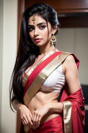 Eine junge Frau mit der ultra-detailed, beste Qualität AI generierte Porno-Bild trug ein Saree und hatte lange schwarze Haare. Sie war schlank, heiß und sexy mit einem weißen Hautton. Ihr Ponytail Haar fügte zu ihrer Schönheit als